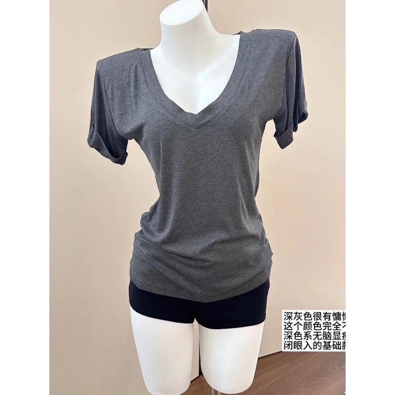 Thin V-neck loose bottoming shirt women s summer casual cool mask T-shirt Modal drape short-sleeved top S серый