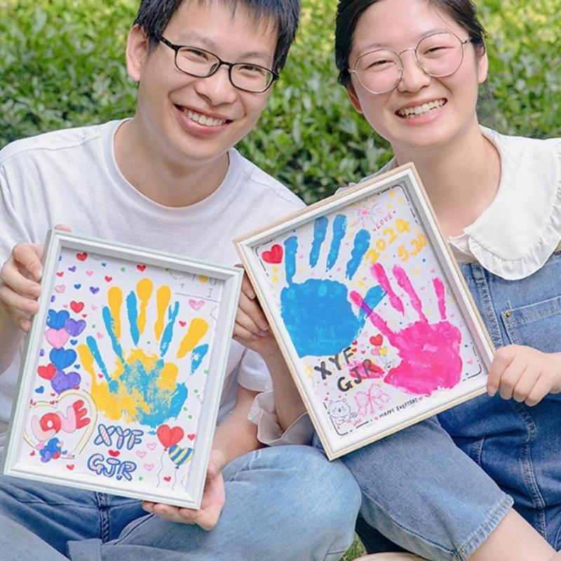 Diy Couple Hand Paint Shadow Box Frame Wooden Handprint Photo Frame 12-Color Paint Set Display Gifts