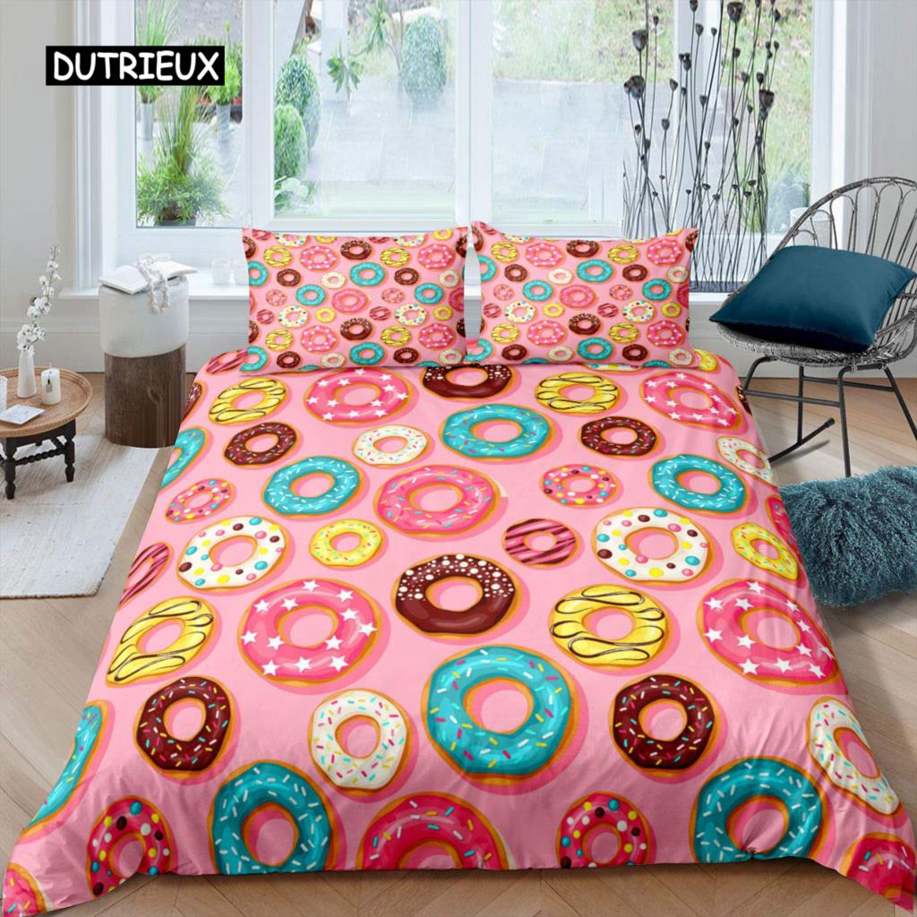 Donut Bettbezug-Set Dessert Lebensmittel Thema Bettdeckenbezug Bunter Druck 2/3-teilig Doppel Queen King Size Bettwäscheset für Kind Mädchen