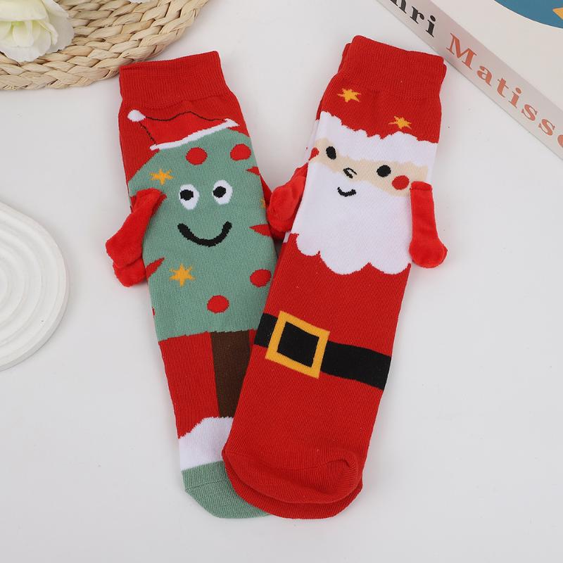 1 Pair Santa Claus Christmas Tree Cotton Stockings Christmas Magnetic Suction Hand In Hand Socks Unisex Holding Hands Long Socks