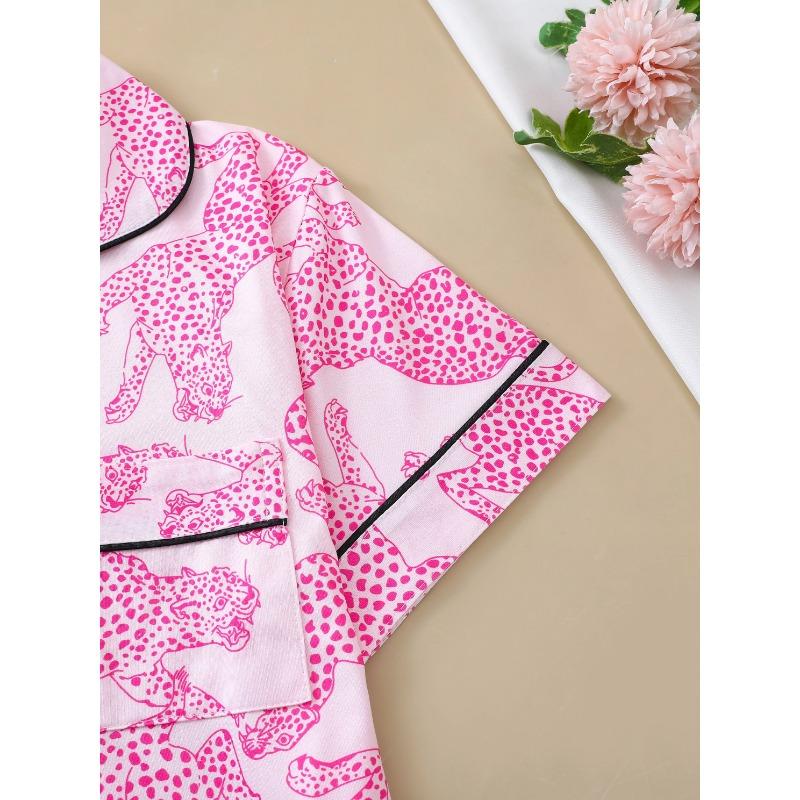 Casual Pink Leopard Print Pajama Set for Women Lapel Short-sleeved Top and Baggy Shorts Loungewear for Women