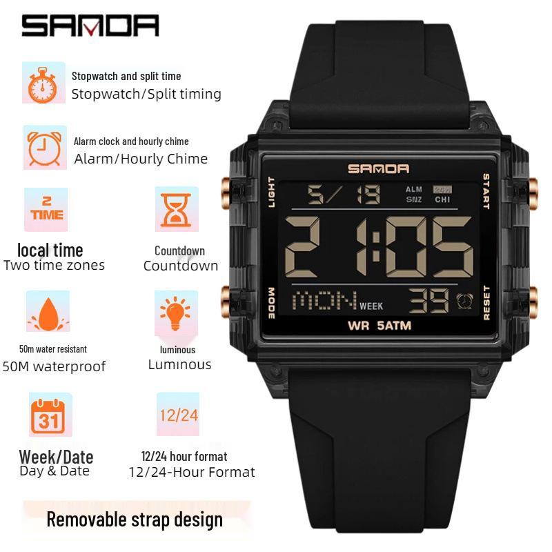 Sanda Dual Time Waterproof Transparent Sports Wristwatch with Colorful Single Display and Student Timer Function