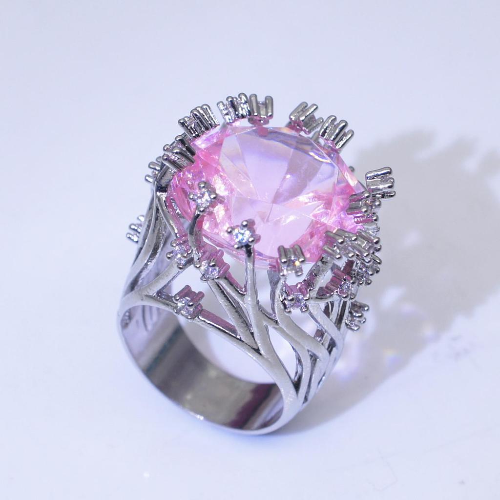 Zhenrong Hot-Selling Pink Crystal Tree Branch Ring - European & American Creative Exaggerated Design for Women