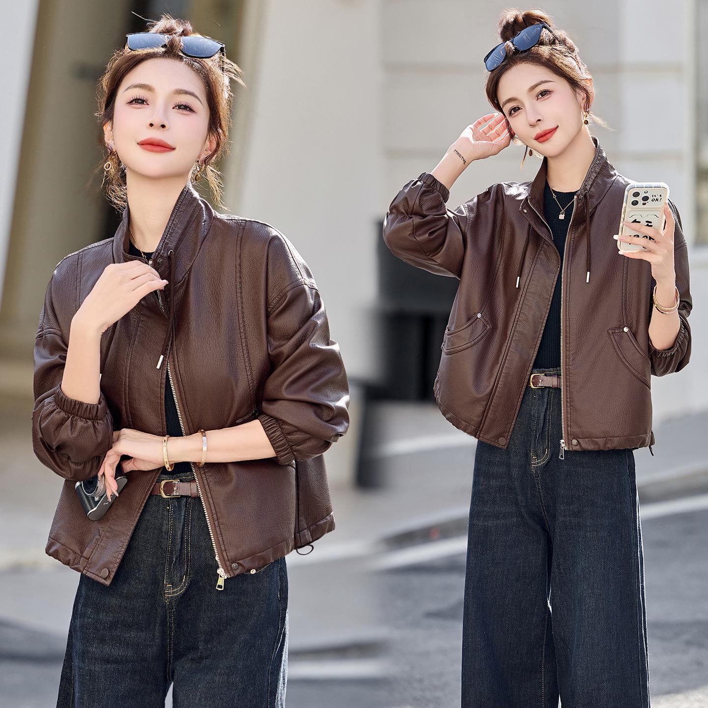 Women s Petite Leather Stand-Collar Jacket - Slimming, Stylish Motorcycle Style, Spring 2026 Fashion M
