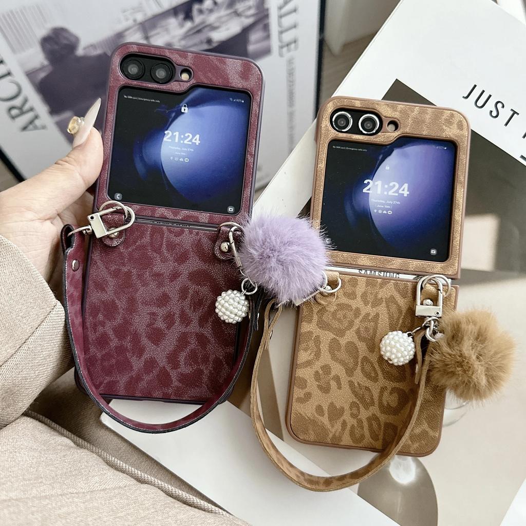 Leopard Print Silver Border Phone Case for Samsung Galaxy Z Flip 7 6 5 4 3 PU Leather Wrist Strap Protective Cover
