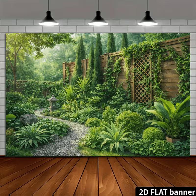 2D Japanese Zen Garden Wood Fence Greenery Backdrop Banner