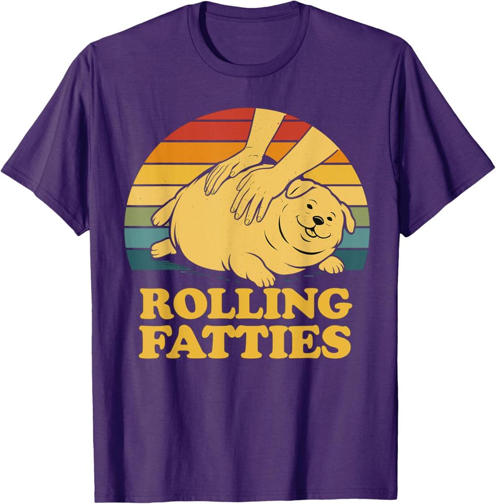 Rolling Fatties Funny Dog Graphic Tee Retro Sunset Print Soft Cotton Casual T-Shirt for Men Women