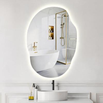 Koperen Badkamerspiegel LED Wandmontage met Anti-Mist, Touch Control, 3 Kleuren Dimbaar Slimme Wandkaptafel Spiegel, 60x90cm, Onregelmatige Vorm,