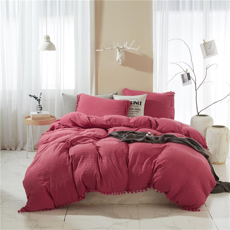 American Style Furball Tasseles Yellow Bedding Set Queen Home Hairball Tassel Bed Cover Sets Soft King Size Duvet Cover No Sheet