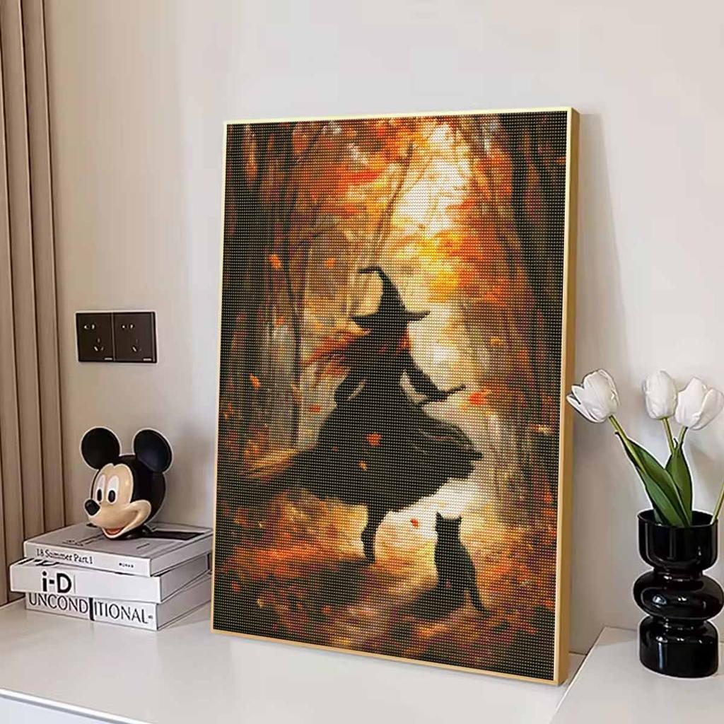 DIY Diamond Painting Kit Autumn Witch and Black Cat Pattern Full Drill Art Canvas Relaxing Creative Craft for Home Wall Decor Gift