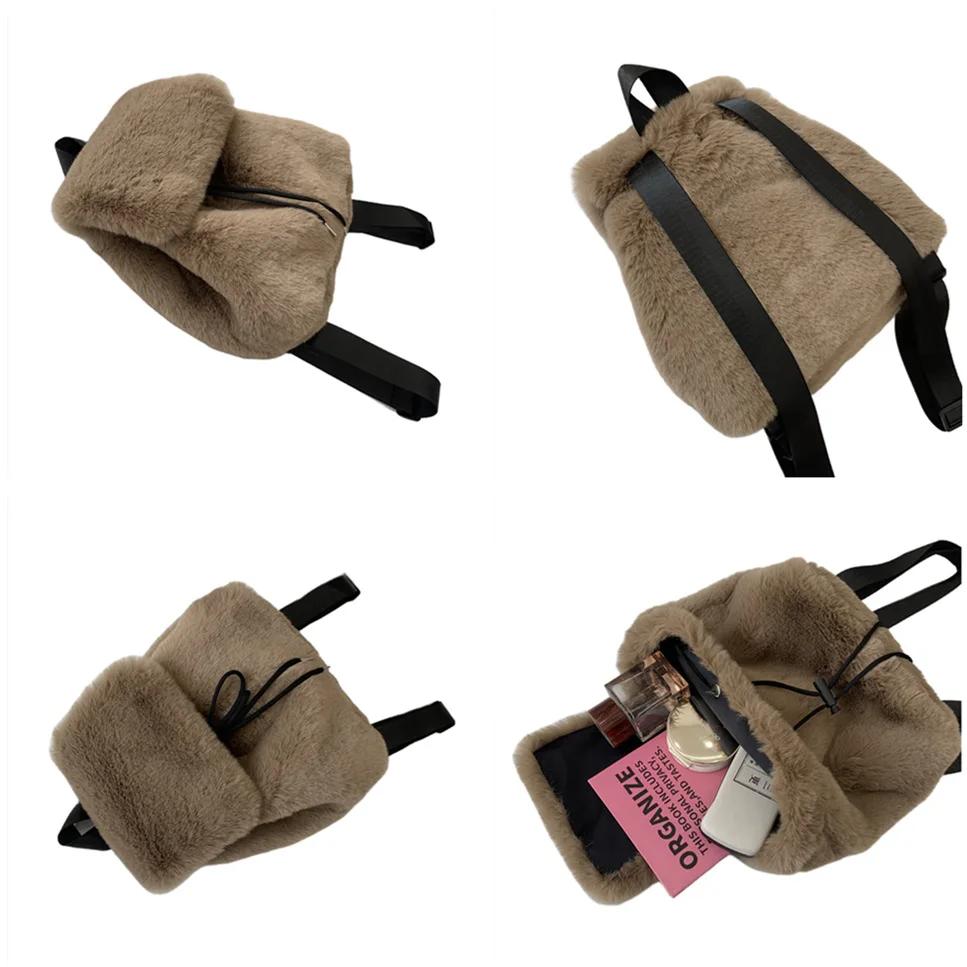 Mote Luksus Fuskepels Dame Ryggsekk Vinter Myk Plysj Dame Skolesekk Ensfarget Kvinnelig Pels Skuldervesker Håndvesker