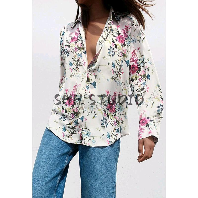 Spring New Women's Clothing Fashion Style Lapel Long Sleeves Silk Satin Texture Print Shirt 8503899