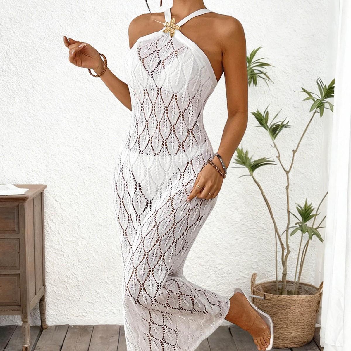 

Sexy Backless Open-necked Metal Star-patterned Embellished Halter Dress Bikini Top Dress for Women S белый