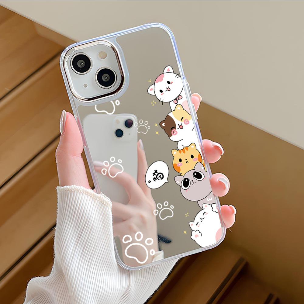 Japanese and Korean Cartoon Cute 16promax Mobile Phone Case Stacked Cat iPhone17 Cute Pet 12 High-end Makeup Mirror Case