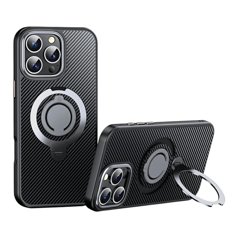 

For iPhone 16 Pro Case Compatible with MagSafe Kickstand Carbon Fiber Texture PC+TPU Back Cover with Silicone Ring Silver