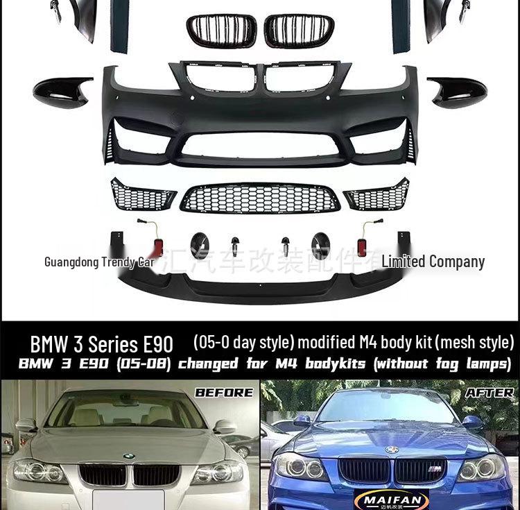 BMW 3 Series E90 Modified M4 Body Kit: M3 Front/Rear Bumpers, Grille, Hood, Side Skirts, Fenders (05-12 Models)