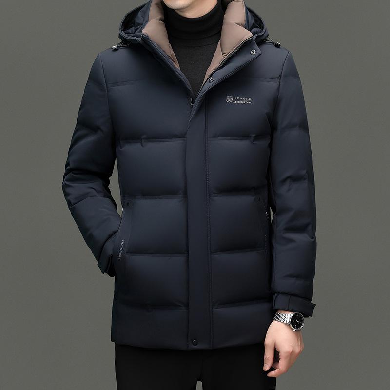 Men's Mid-Length Winter Down Jacket with Detachable Hood - Thick, Warm White Duck Down for Casual Wear