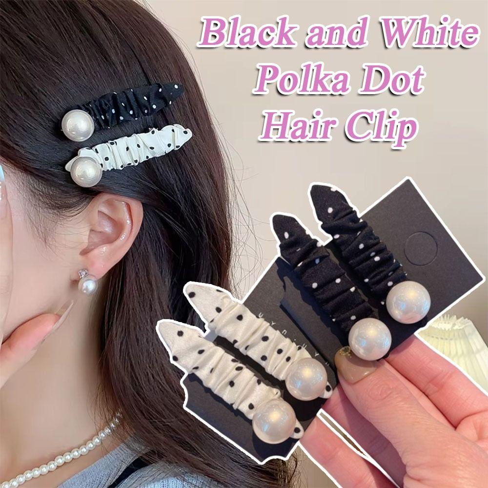Fashion Black and White Polka Dot Hair Clip Y2K Pearl Fabric Oval Side Clip Bangs Clip Hair Accessories