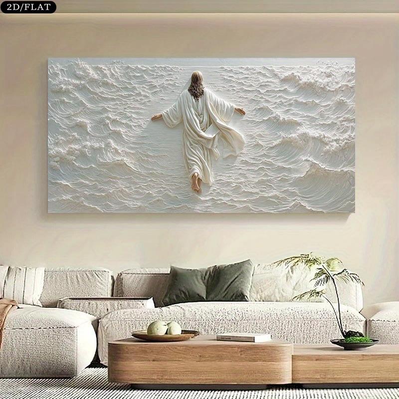Walking on Water Bible Religious Decorative Painting - Minimalist Beige And White Canvas Wall Art, Suitable for Living Rooms, Bedrooms