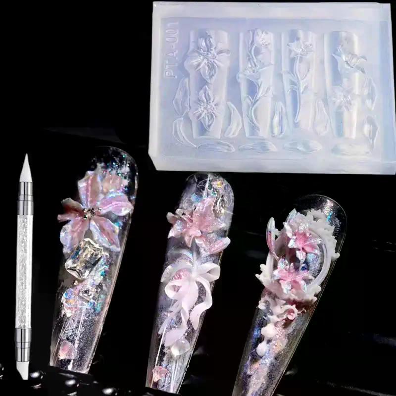 2/3 Stück Relief-Lilienblüten Nagel carving Form 3D Silikon Hibiskusblüten Blüten Modellier Schablonen Klare Harz Epoxid Nagel Werkzeuge