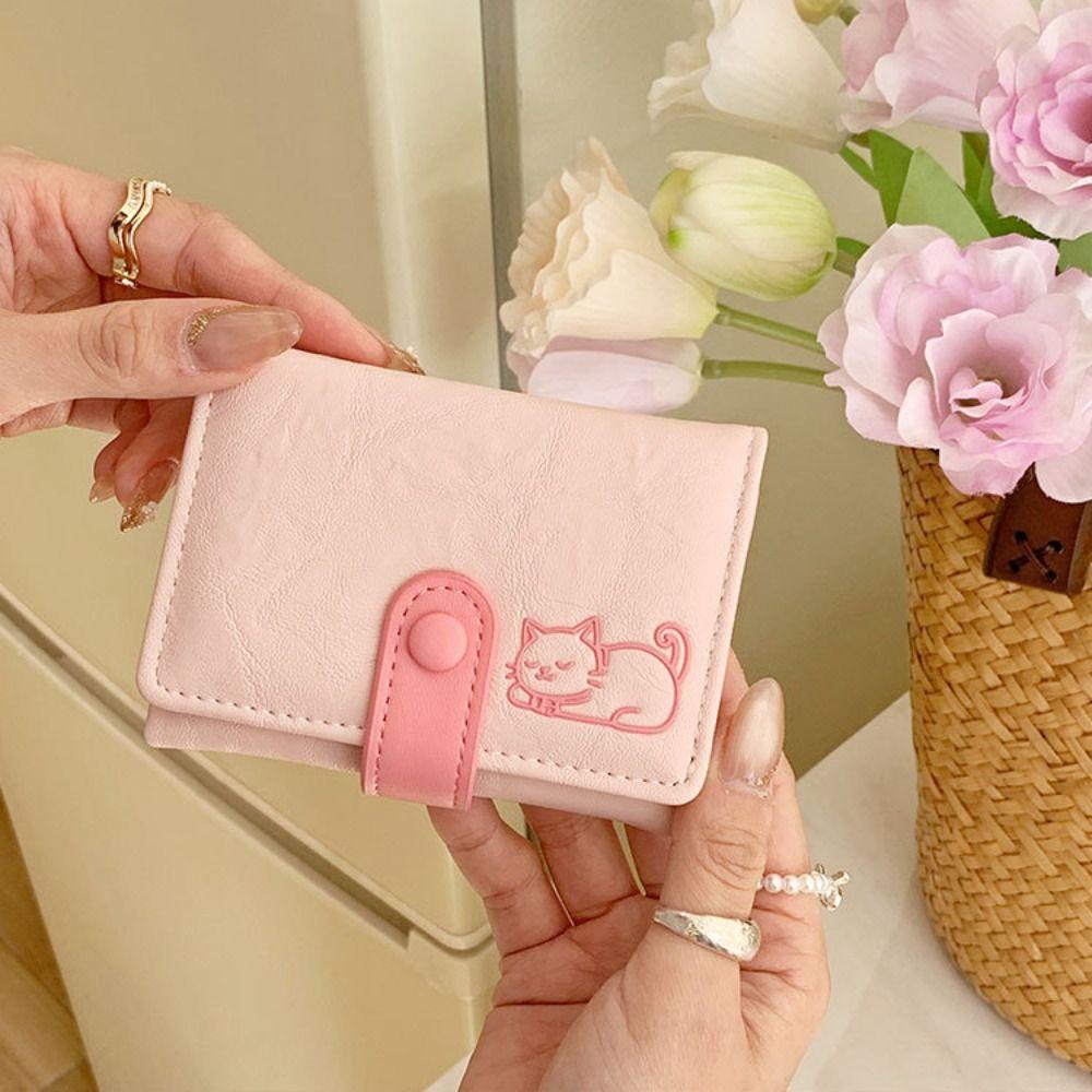 Versatile Portable Cat Printed Wallet Cute Multiple Card Short Leather Purse Card Pouch PU Leather Three Fold Wallet Girls