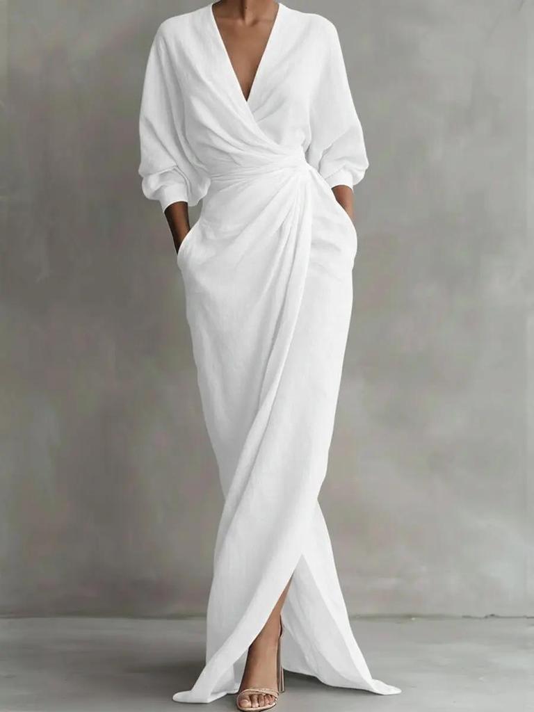 Elegant Solid Color V-Neck Long Sleeve Maxi Dress with Waist Pocket
