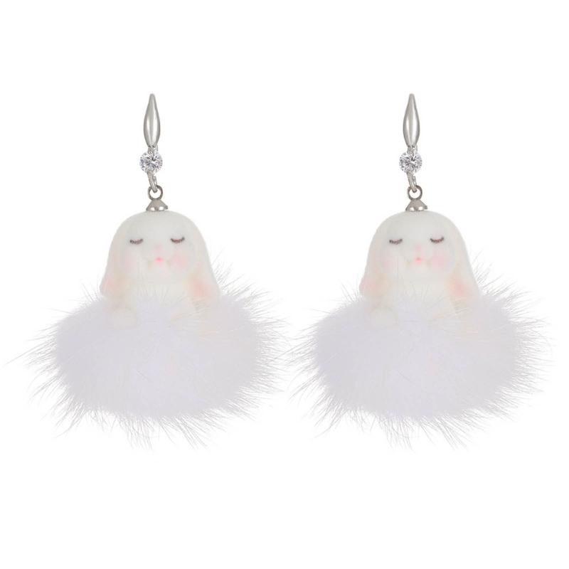 

Plush Rabbit Pendant Earrings Women Girls Korean Jewelry Animal Drop Ears Rings White Adorments for Women and Girls