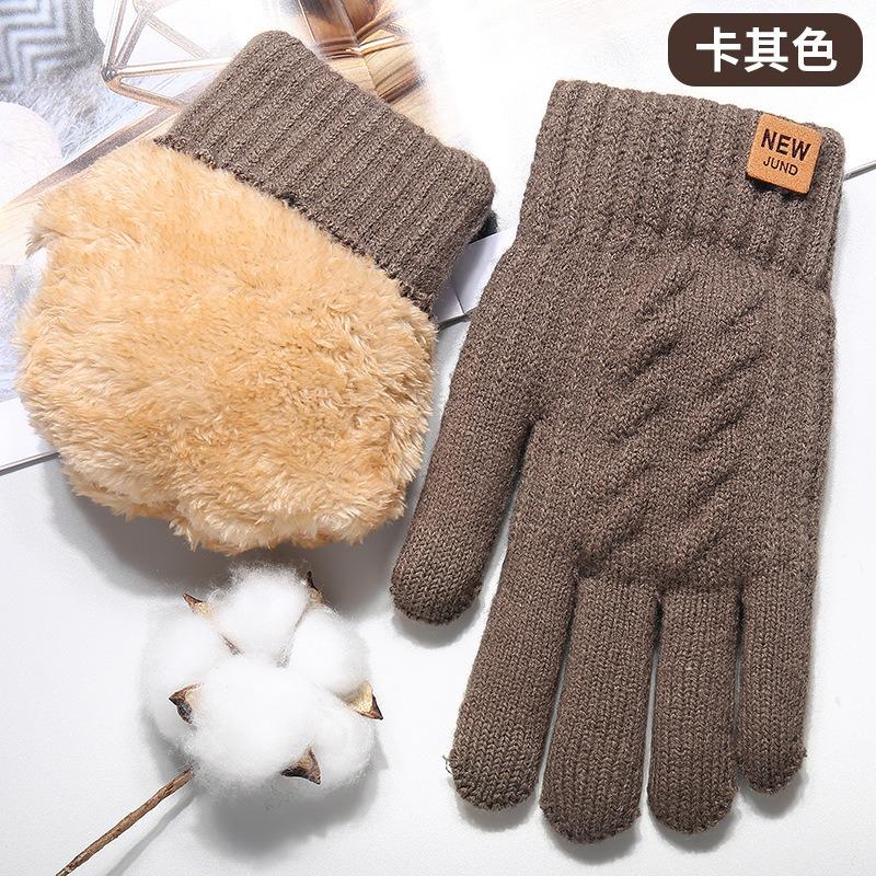 Knitted gloves, women's autumn and winter warm outdoor cycling cold-proof double-layer velvet thickened, touch screen gloves
