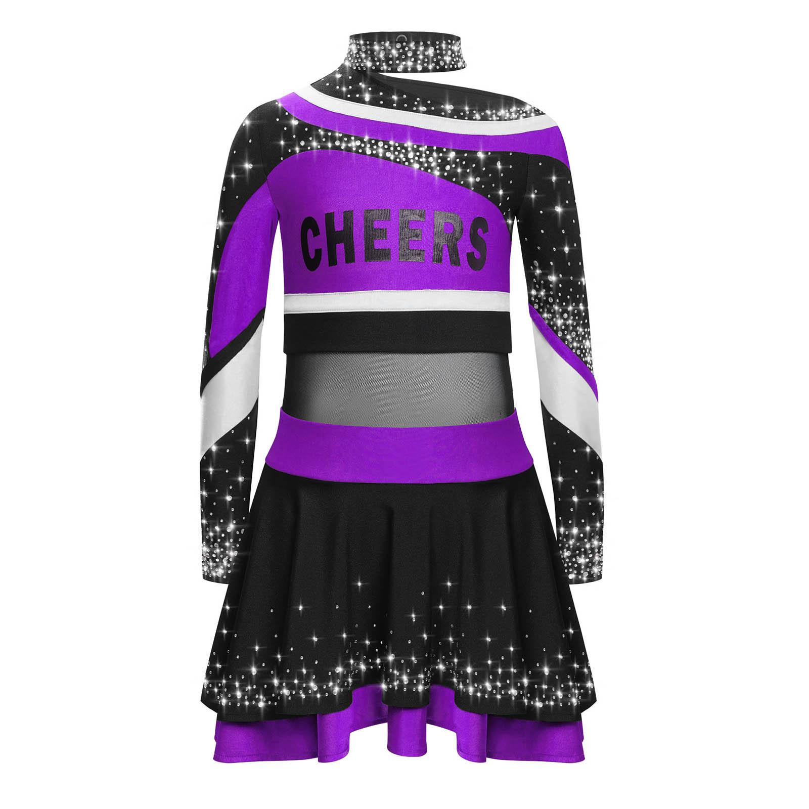 

Костюм для сценічного виступу для дівчаток з довгим рукавом, принтом літер, блискучими стразами, кольоровим блокуванням, набір для черлідингу 13-14 Years фіолетовий