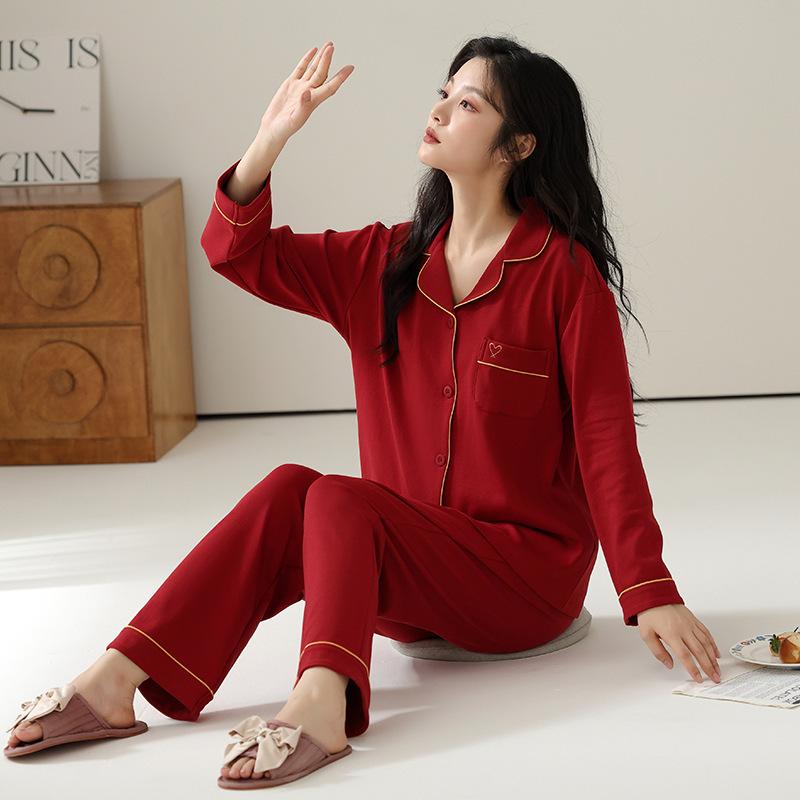Pajamas wedding newlywed couple suit red natal spring and autumn pure cotton long-sleeved autumn couple suit men and women