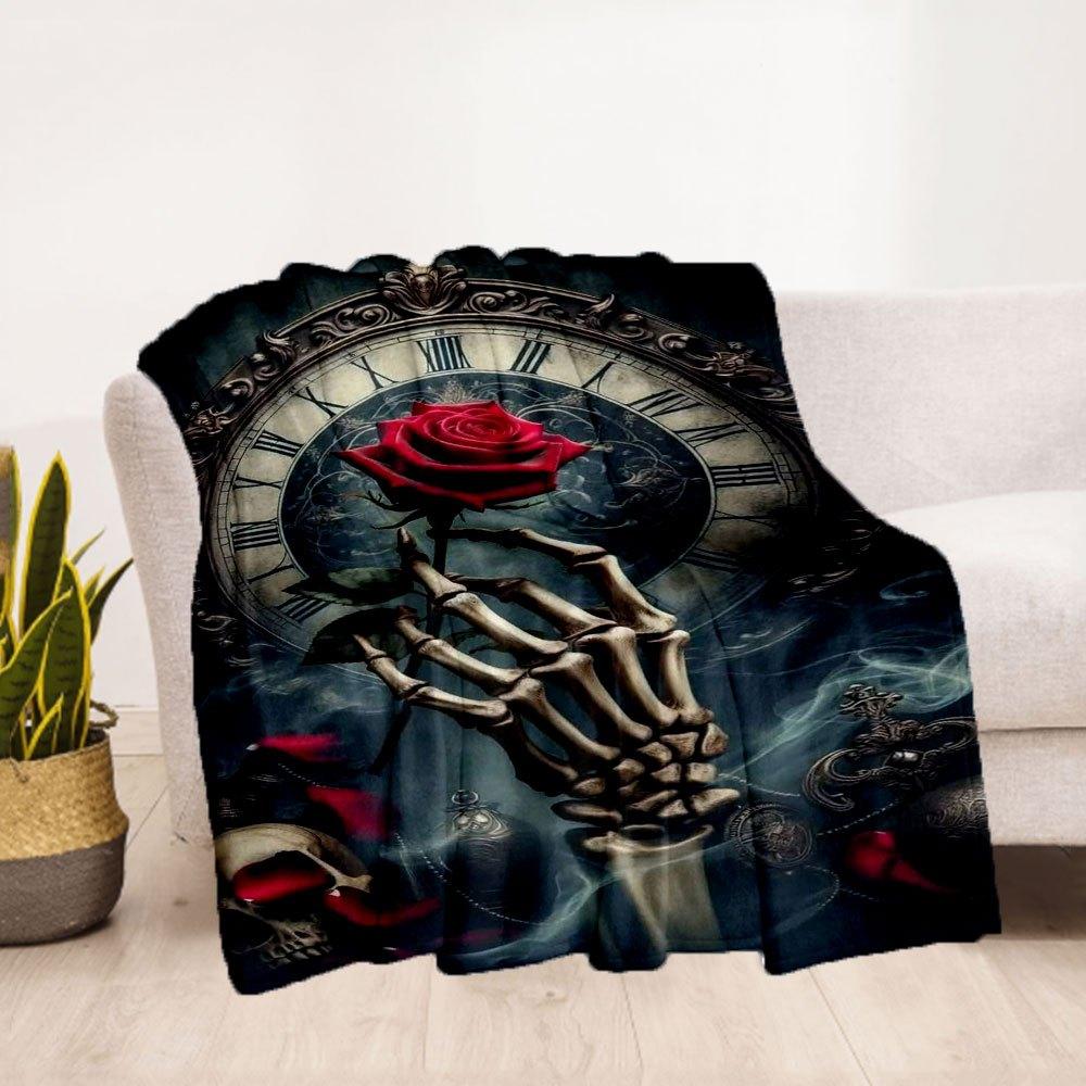 "Timeless Beauty: Gothic Skeleton Hand Holding Red Rose Wall Art Print"Blanket Flannel Throw Blanket for Sofa, Bed, Travel, Camping, Office