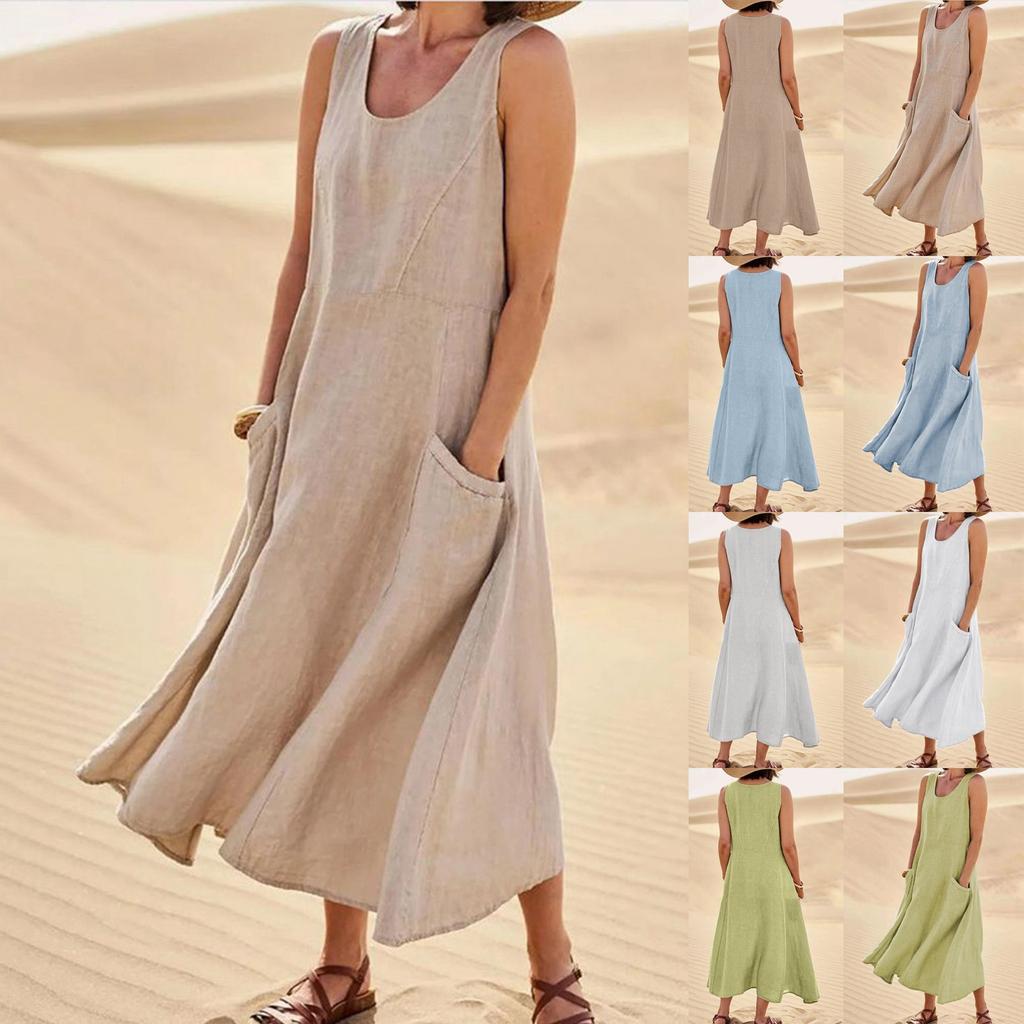Women's Fashion Casual Solid Colour Sleeveless Cotton Linen Pocket Dress