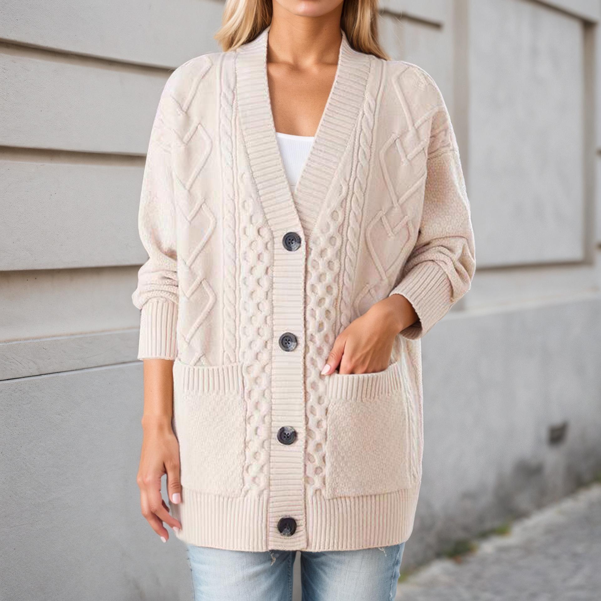 

2026 Autumn/Winter Mid-Length V-Neck Jacquard Solid Color Knit Cardigan Extra Large бежевый