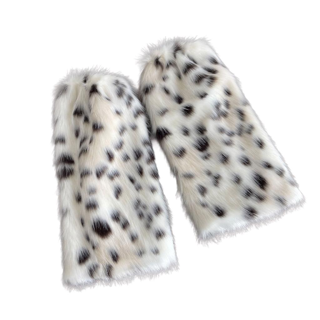 Women Winter Warm Fuzzy Boot Cuffs Flared Leg Covers Japanese Leopard Pattern Furry Plush Leg Warmers Long Tube Socks
