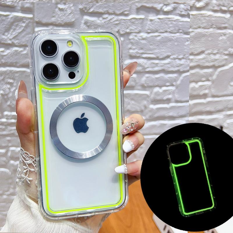 

Для Magsafe Magnetic Clear Neon Fluorescent Frame Noctilucent Case для iPhone 16 Pro 15 14 Plus 13 12 Pro Max 11 Airbag Shockproof Luminous Cover iPhone 16 синий