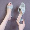 High-heeled Slippers Women's Summer 2025 New Internet Celebrity Mid-heeled Shoes Mother Fashion Square Heel Thick-heeled Slippers Outer Wear One-wor