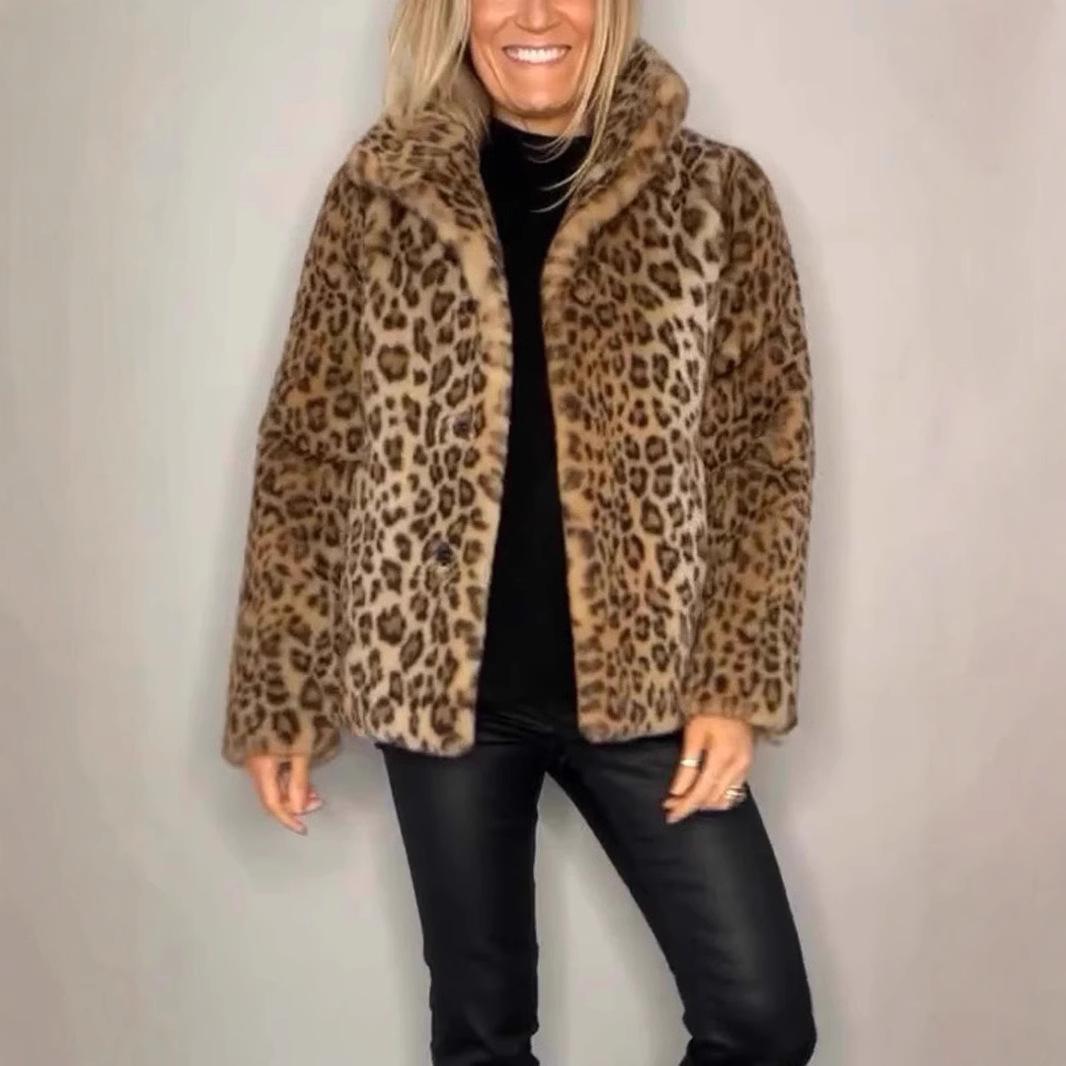 

2025 Women s Faux Fur Coat with Leopard Print Collar - Winter Wool Blend Jacket, Fashion Animal Print Notch Lapel Cruelty-Free Statement Outerwear 3XL коричневий
