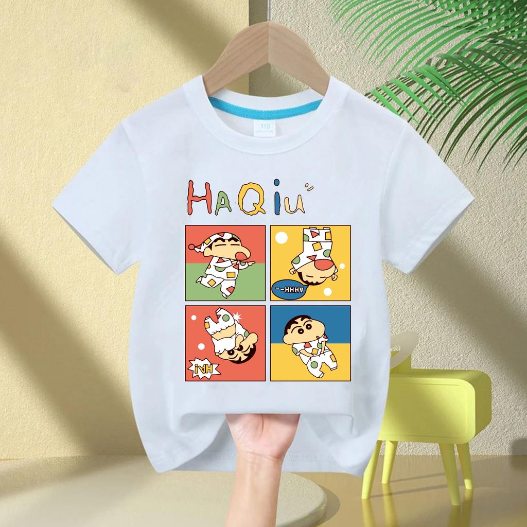 2026 New Summer Cotton Cartoon Crayon Shinchan Print TShirt Summer Fashion Casual Round Neck Cotton Childrens Top