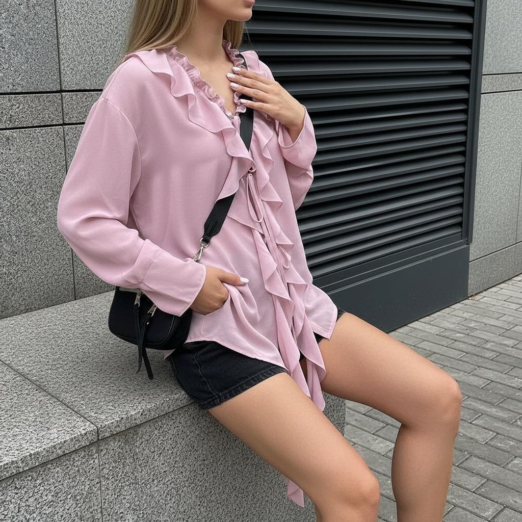 French Atmosphere Streamer Ruffle Edge Chiffon Shirt Women's 1116 Spring Niche Design Sense Thin Long-sleeved Top