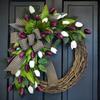 Tulip Wreath for Front Door Spring Artificial Tulip Rattan Wreath with Green Leaves And Plaid Bow for Farmhouse Wall Window Easter Home Decor