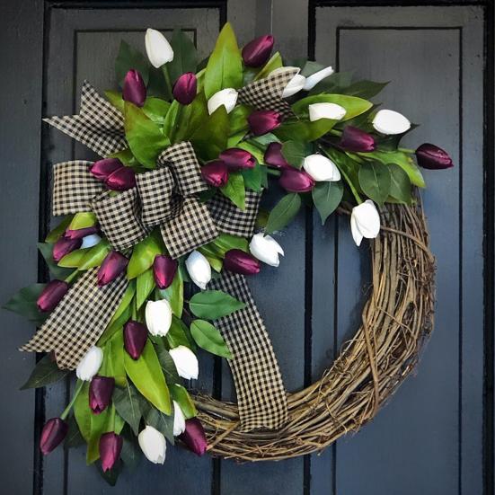 Tulip Wreath for Front Door Spring Artificial Tulip Rattan Wreath with Green Leaves And Plaid Bow for Farmhouse Wall Window Easter Home Decor