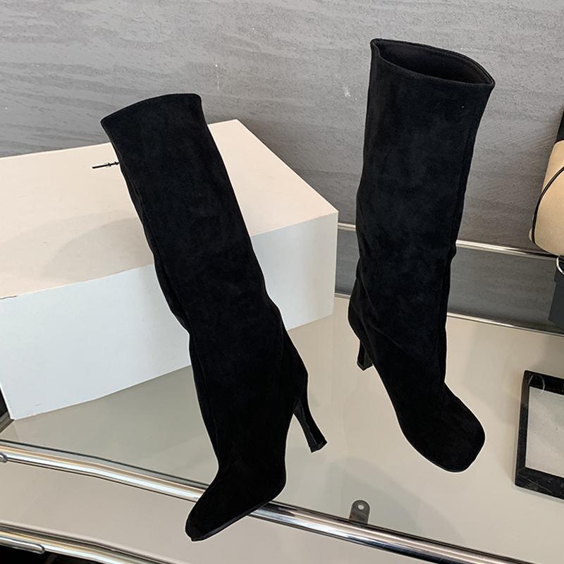 Liyke Fashion Quadratische Zehenpartie Motorrad Kniehohe Stiefel Damen Herbst Winter Niedrige Dünne Absätze Schuh Weibliche Lange Stiefel Zapatos De Mujer