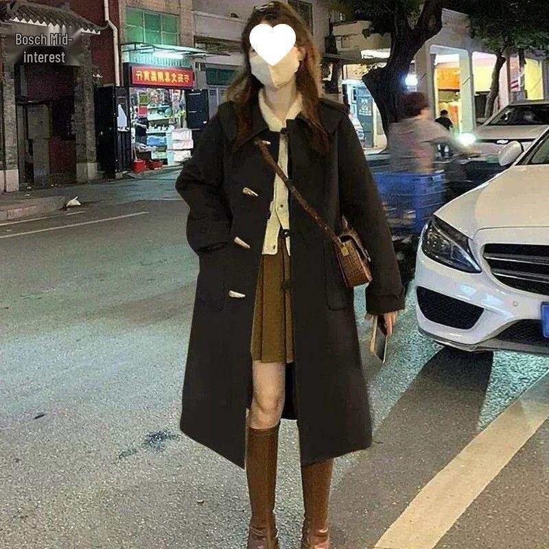 

2025 Mid-Length Wool Trench Coat with Horn Buckles for Autumn/Winter S for 70-85 lbs