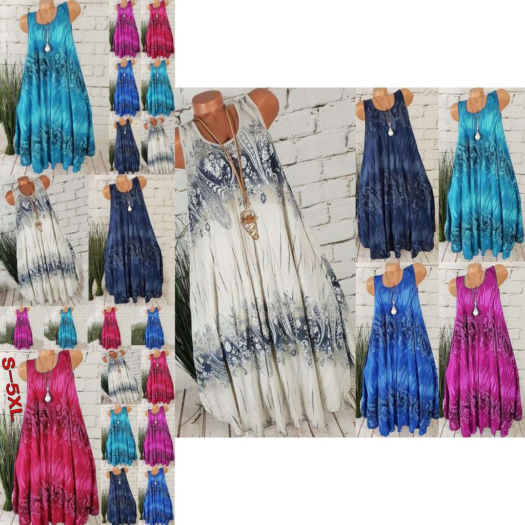 Comfortable Plus Size Women's Summer Sleeveless Floral Print Midi Dress For Casual Beach Wear