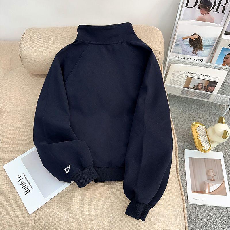 Women's Retro Embroidered Half-Zip Stand Collar Sweater - Autumn/Winter Plus Velvet Long Sleeve Pullover