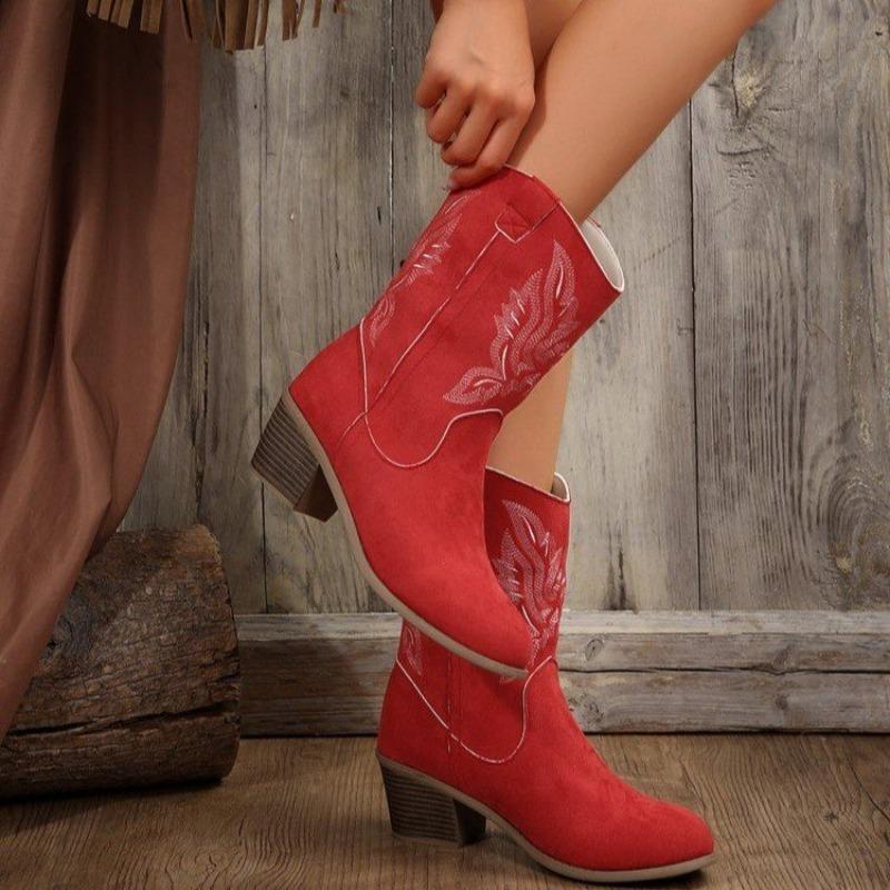 New Western Cowboy Boots - Knight Boots - Women's Mid-Calf Embroidered Retro Pointed-Toe Thick Heel Mid-Calf
