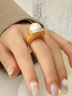 316L Stainless Steel Rings With Big Imitation Pearl For Women 18k Gold Plated Waterproof No Tarnish Vintage Women's Wedding Ring