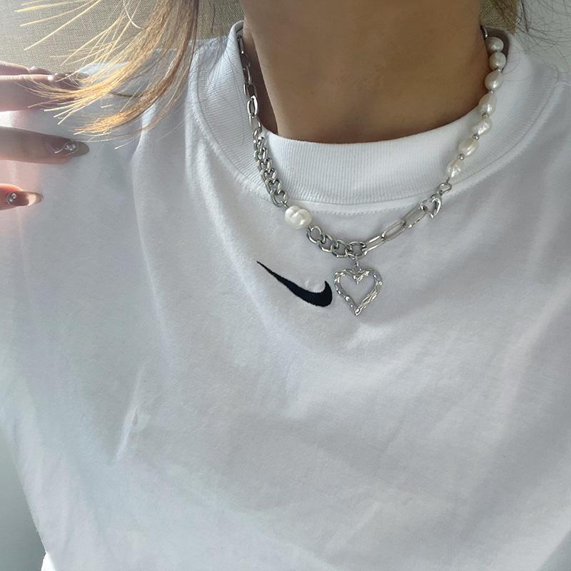 Korean Patchwork Choker Necklace - Minimalist, Asymmetrical Pearl & Heart Cutout Design