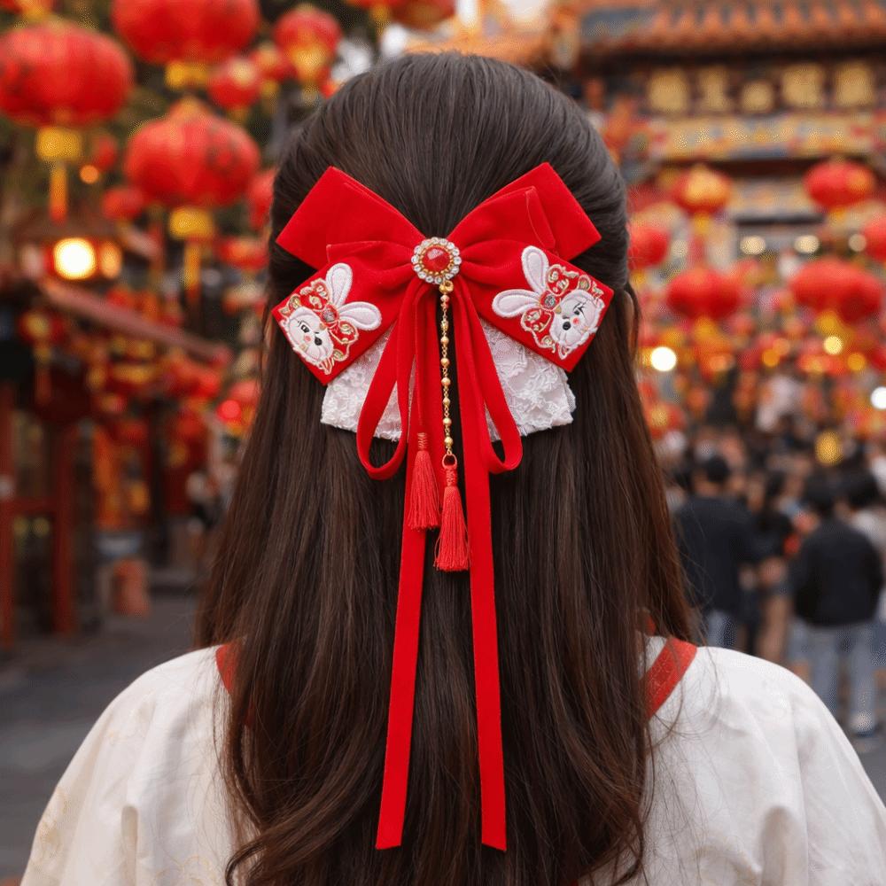 Red New Year Hairpin Tassel Hanfu Hair Ornamen Sweet Bow Ribbon Hair Clip  Braid
