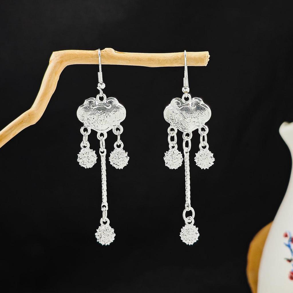 Ethnic Miao Silver Style Long Tassel Earrings with Ancient Scenic Stud Design for Women